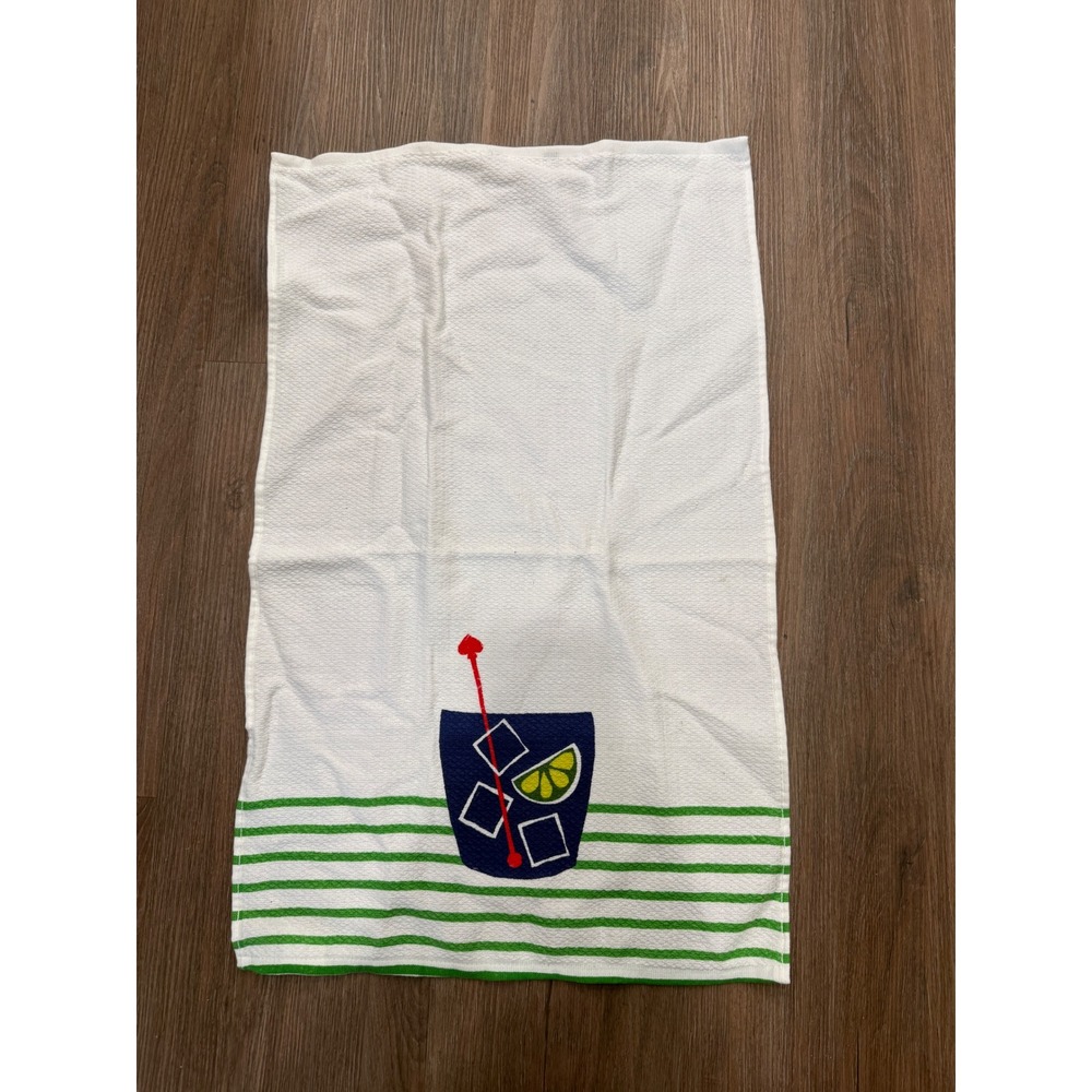 Kate Spade New York Cocktail Graphic Kitchen Towel White Green Striped Cotton